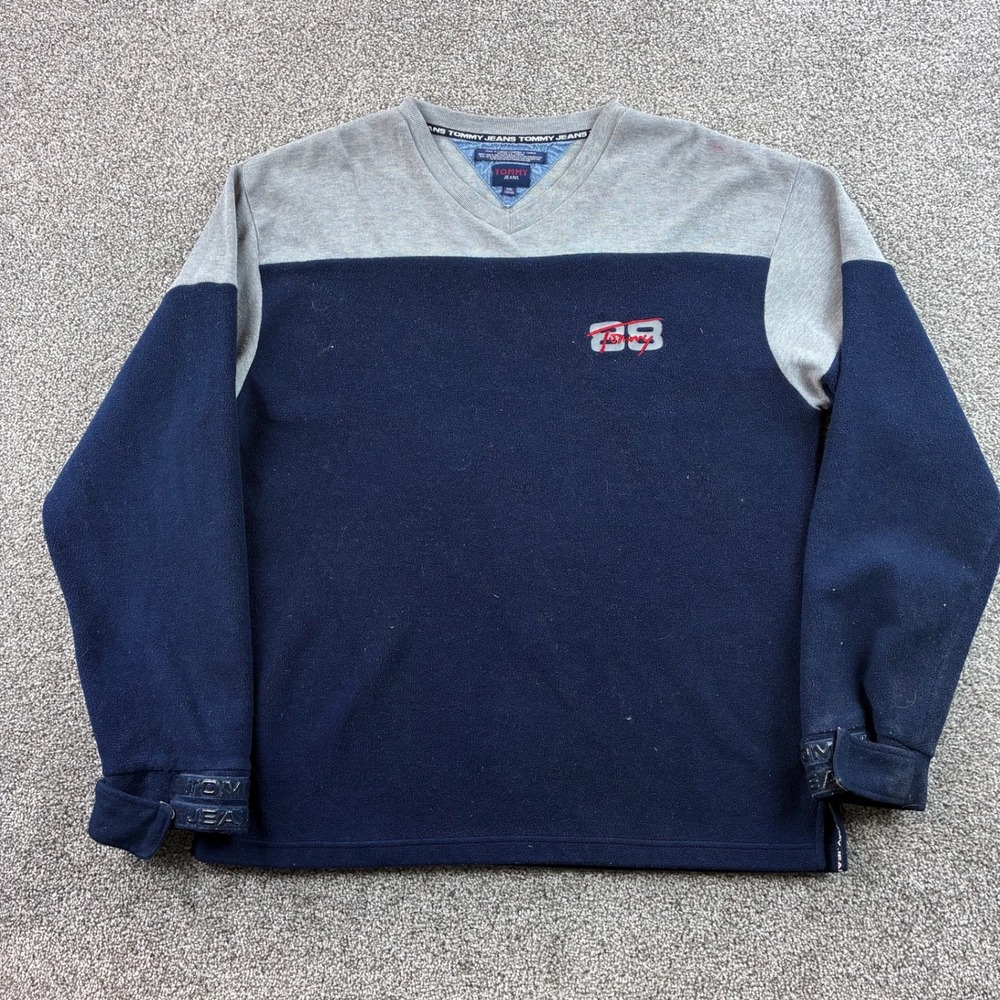 Vintage Tommy Jeans Fleece Sweatshirt Mens 2XL Blue Gray 90s V-Neck Pullover